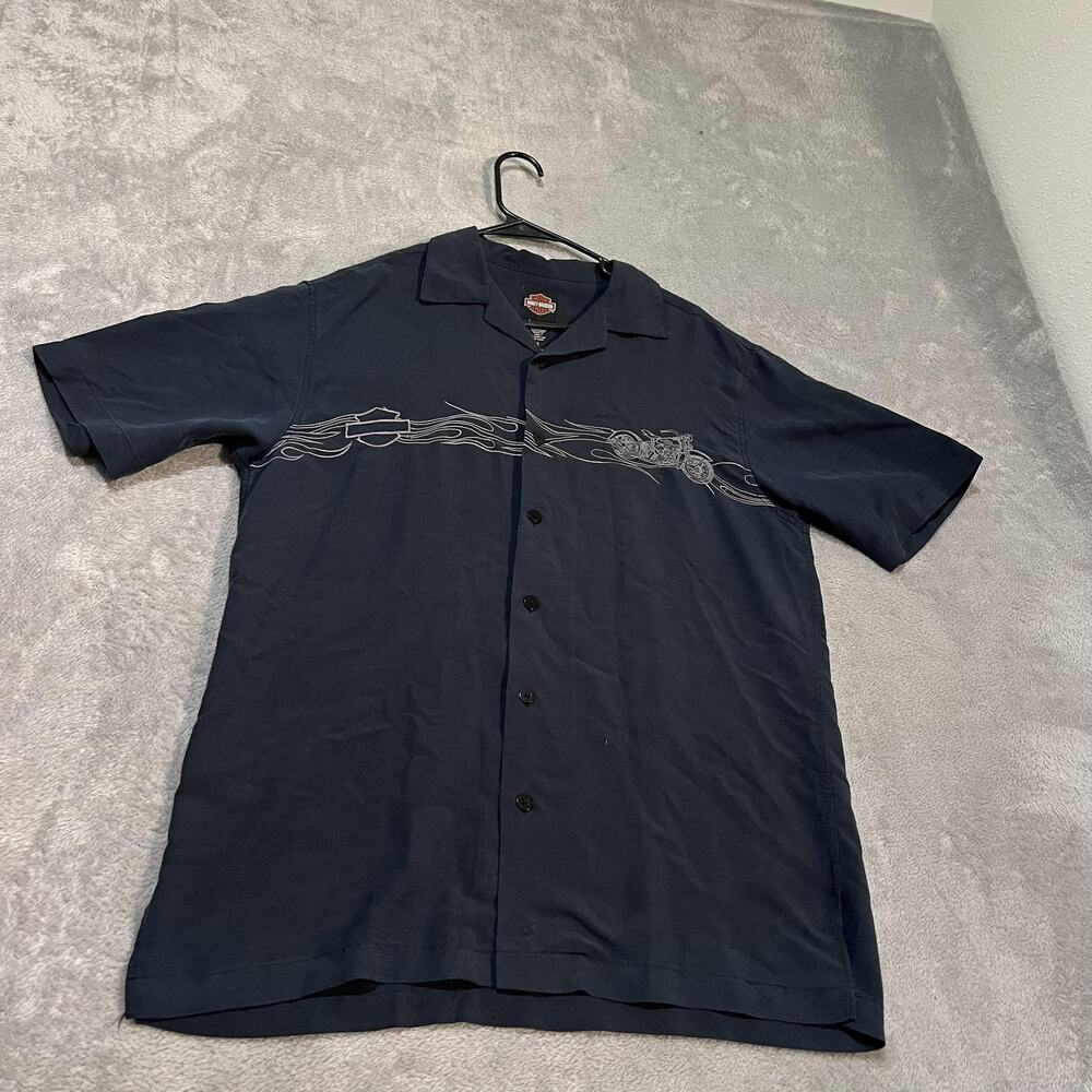 Harley-Davidson Shirt Mens Small Navy Camp Flames Motorcycle Graphic Button Up